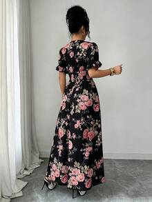 Elenzga 女士优雅印花荷叶袖收腰连衣裙，度假风 - 黑色 - 查看 2