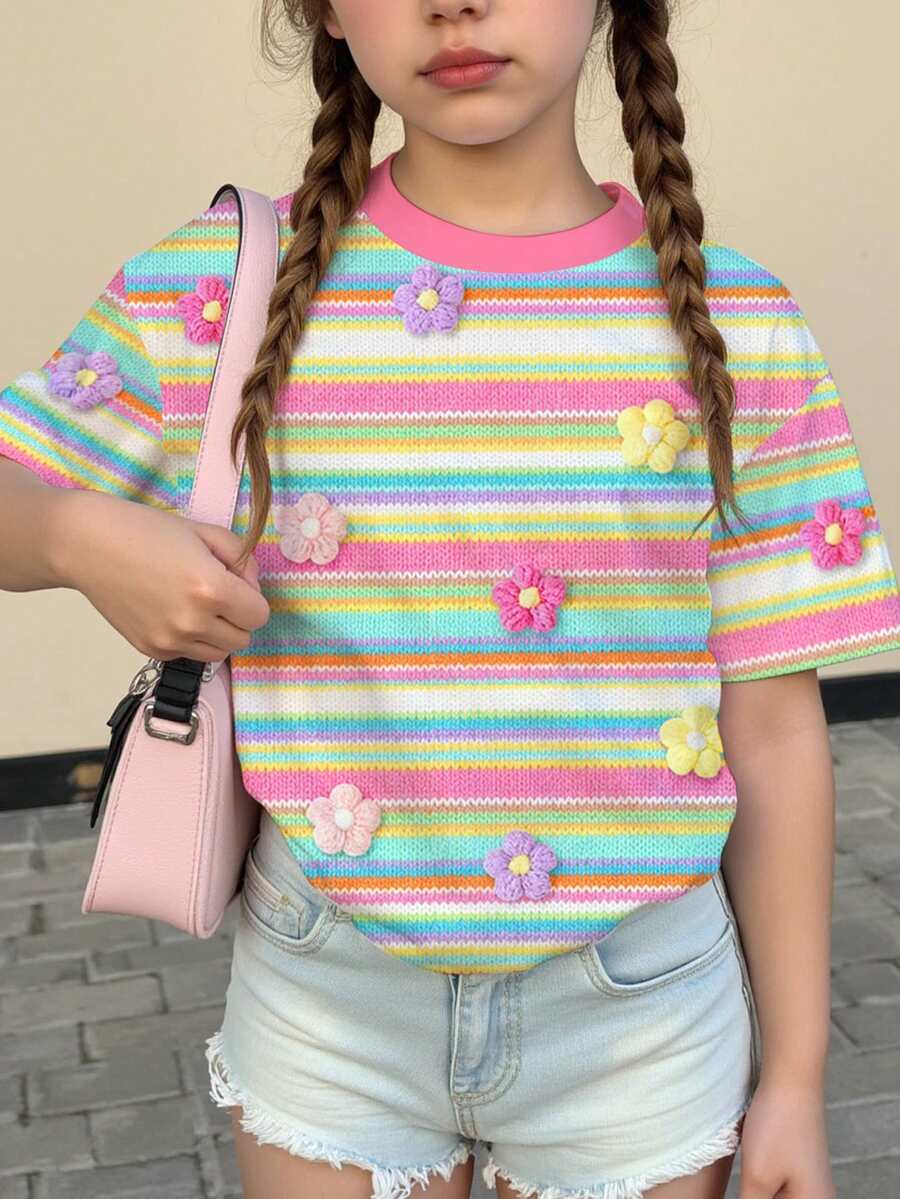 少女休闲可爱彩虹条纹3D花卉印花奶油粉色短袖圆领T恤,舒适春夏款式,图案可爱 - 彩色 - 查看 1