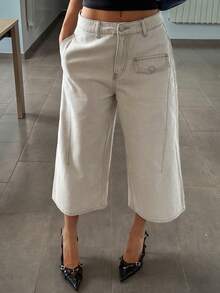 DAZY Quần jeans nữ ống rộng, dài đến 7/8, thiết kế cài nút ở eo, kiểu dáng thường ngày. - Màu Khaki - Xem 1