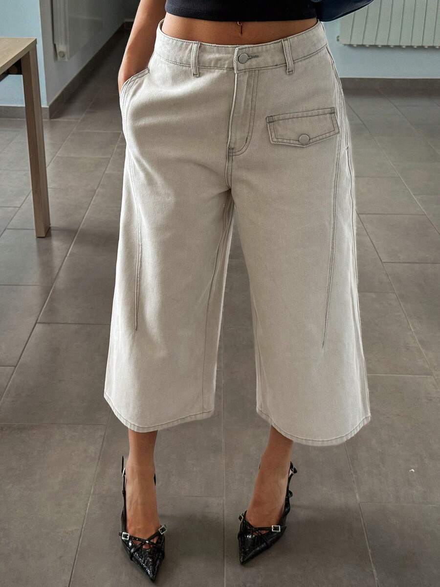 DAZY Quần jeans nữ ống rộng, dài đến 7/8, thiết kế cài nút ở eo, kiểu dáng thường ngày. - Màu Khaki - Xem 1