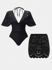 Swim Oasis 26SS Baju Renang Terusan Motif Bunga Hitam Elegan Leher V dengan Rok, Set 2 Potong, Musim Semi/Panas - Hitam - View 6
