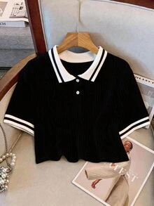 GlowEve CURVE 大码撞色 Polo 领休闲夏季针织 T 恤 - 黑色 - 查看 1