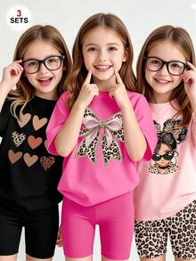 6pcs/Set Girls' Cute Leopard Print,Heart & Bow Graphic Short T-Shirt And Bike Shorts Outfits,Light Pink Summer Back-To-School School Casual Clothes - Multicolor - View 3