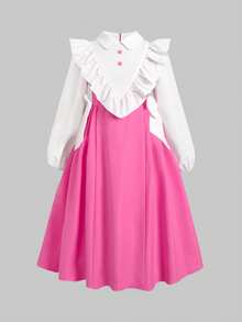Tween Girl Back To School Dress KIDS Tween Girls Pink Dress, Essential For School Season, Casual Preppy Style, Long Sleeve, Color Block, Exaggerated Ruffle Hem, Soft And Vintage Feel; Double-Breasted Button Decor On Chest, Neat And Exquisite Pink - Pink - View 5