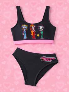THE POWERPUFF GIRLS X SHEIN Bộ đồ bơi in hình hoạt hình dành cho bé gái tuổi teen - màu đen - Xem 1