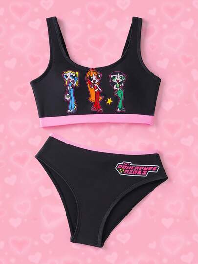 THE POWERPUFF GIRLS X SHEIN Bộ đồ bơi in hình hoạt hình dành cho bé gái tuổi teen