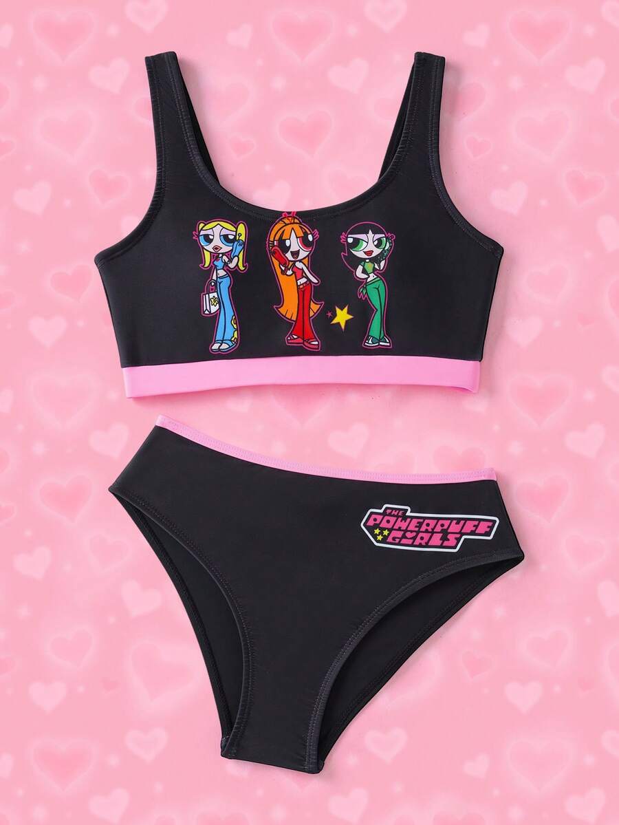 THE POWERPUFF GIRLS X SHEIN Bộ đồ bơi in hình hoạt hình dành cho bé gái tuổi teen - màu đen - Xem 1