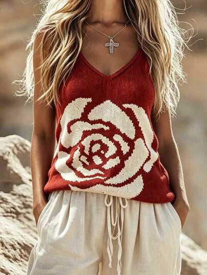 Florisole Red Rose Embroidered Fashionable Elegant Minimalist Casual & Office Wear Short Women Knit Sweater Vest, Spring/Summer
