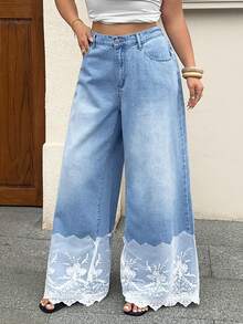 Rivivi Plus Size Women's Non-Stretch Light Wash Denim Jeans With Lace Trim, Loose Fit Long Straight Leg Cowboy Pants For Summer Date Night Formal Light Blue - Light Wash - View 5