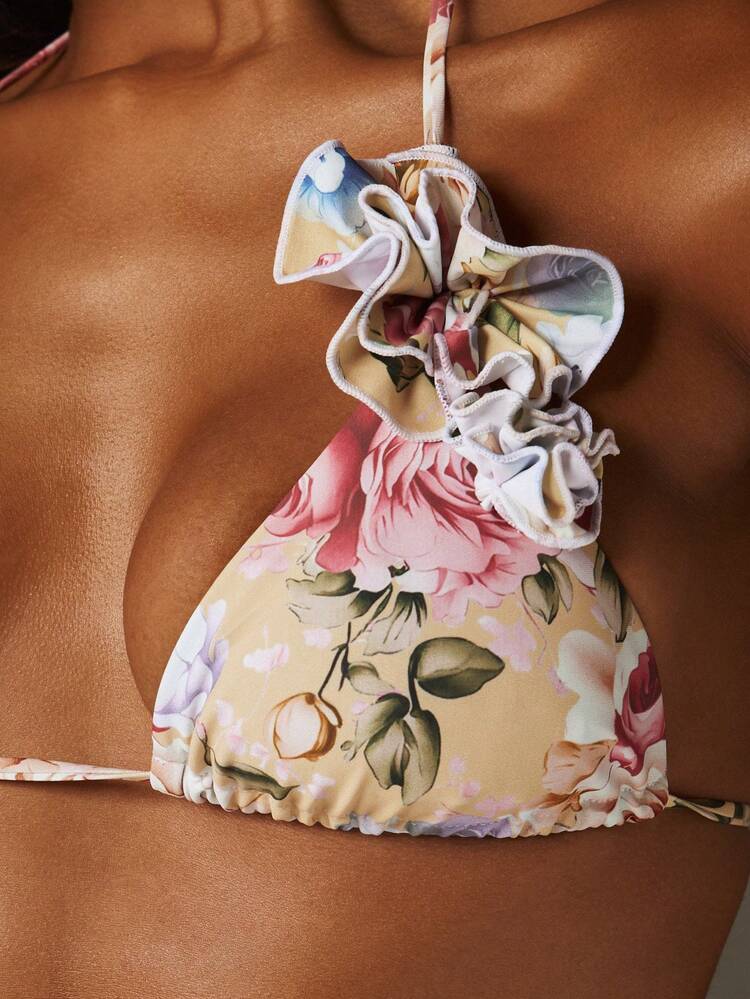 MISSGUIDED Top de Maiô Bikini Halter com Detalhe de Babado e Estampa Floral, Enfeite de Flor 3D, Estilo Triângulo, Roupa de Banho de Praia de Verão