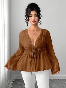 Elenzga Áo khoác cardigan dài tay dáng loe nhẹ, thanh lịch, màu xanh nhạt dành cho nữ, cỡ lớn, chất liệu mềm mại, phù hợp cho lễ tốt nghiệp, các ngày lễ, Ngày Valentine, lễ hội âm nhạc, Ngày của Mẹ, Halloween, Lễ Tạ ơn, Lễ Phục sinh, Ngày Quốc khánh, các buổi khiêu vũ, hẹn hò, tiệc tùng, đám cưới và các hoạt động ngoài trời. - màu nâu - Xem 3