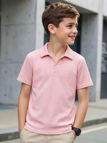SHEIN Leap Crew Tween 男童休闲韩版简约纹理 Polo 领短袖上衣，适合通勤、上学、日常休闲装、运动、春夏 - 粉色 - 查看 3