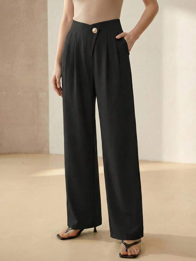 FOLD PLEATED SLANT POCKET WIDE LEG PANTS
