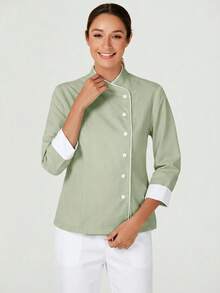 TaskEZ Women's Contrast Color Button-Up Collar Long Sleeve Work Uniform Chef Jacket In 3- 4th Sleeve For Women - Mint Green - View 1