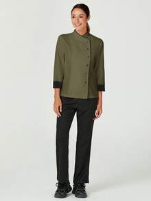 TaskEZ Women's Contrast Color Button-Up Collar Long Sleeve Work Uniform Chef Jacket In 3- 4th Sleeve For Women - Army Green - View 4