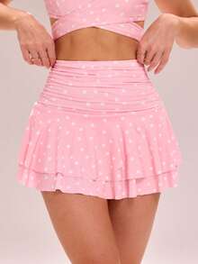 SHEIN Velisys Bộ 2 món chân váy thể thao nữ & quần váy, chân váy mini chấm bi xếp ly gấu quyến rũ thanh lịch chống hở - màu đen - Xem 5