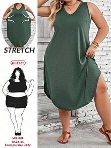 SHEIN CURVE+ Plus Size Women's Solid Color Curved Hem Vest Dress - Green - View 5