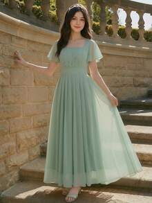 SHEIN Teen Girls Green Formal Dress, Square Neck Pleated Design With Ruffle Sleeves, Elegant Long Gown With Premium Texture, Suitable For Vacation, Graduation, Back To School, Wedding Season, Ball Parties And Formal Occasions - Green - View 4