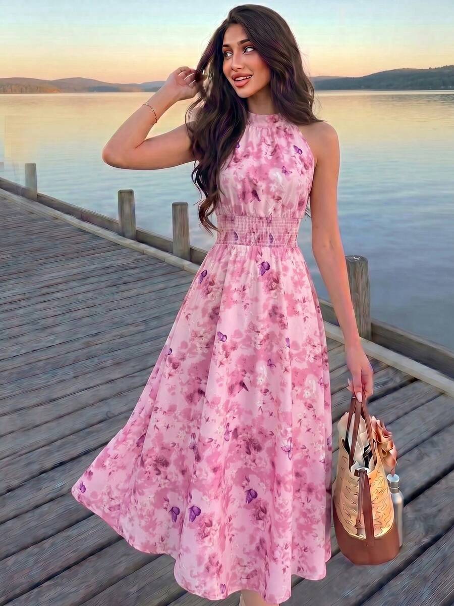 Modelyn 粉色碎花吊带连衣裙，优雅法式夏季度假女装