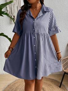 Ceyna Plus Size Summer Casual Striped Patchwork Front Button Short Sleeve Dress - Blue - View 3