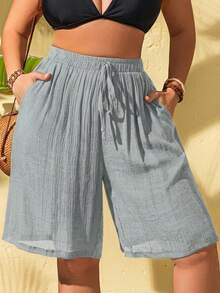 Swim Lushoire Conjunto de pareo y bermudas con bolsillo y textura para talla grande - Azul - Ver 4