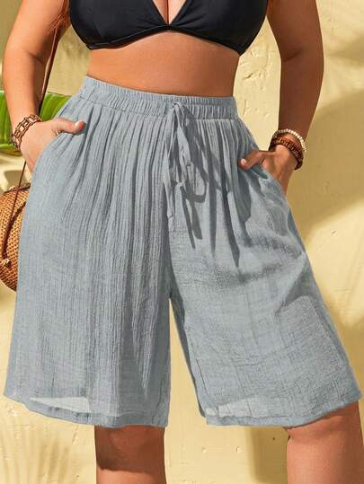 Swim Lushoire Plus Size Textured Tie-Up Pocket Cover-Up & Bermuda Shorts Set