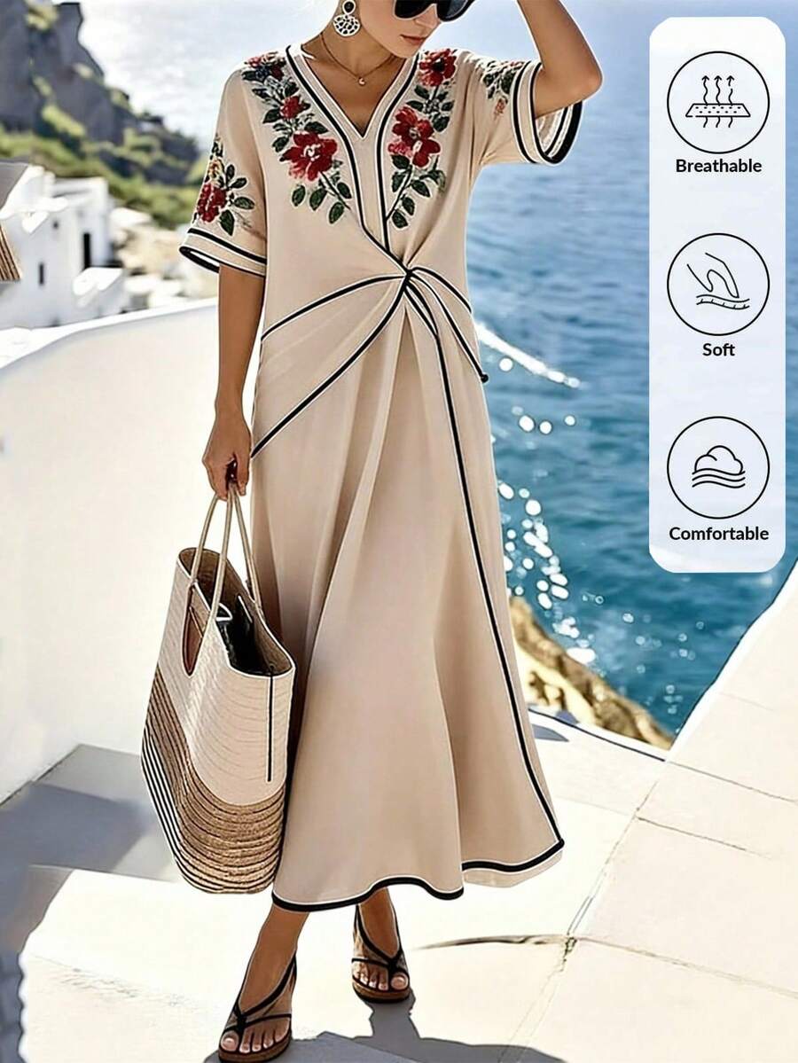 Isle Nomé Women's V-Neck Floral Print Dress, Suitable For Summer Vacation Beige Elegant Sexy - Apricot - View 1