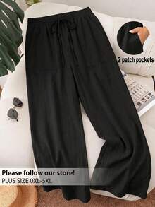 SHEIN Frenchy Plus Size Women's Black Wide-Leg Pants With Pockets,Sommar Smart Casual Everyday Solid Color Beach Shorts,Commuting Fashion Essential For Vacation - Black - View 2