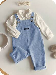 SHEIN Baby Boy Casual Cute Versatile Striped Cartoon Bear Pattern Bib Jumpsuit - Dusty Blue - View 4