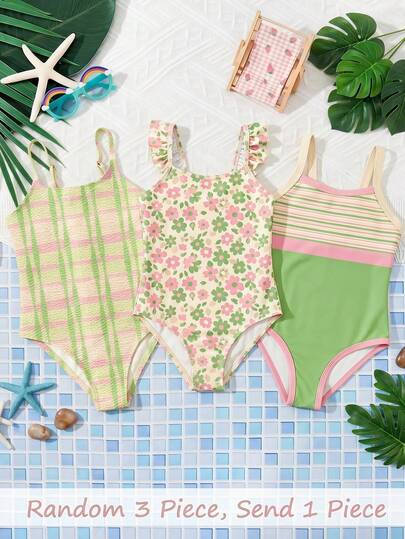Avocado Green Plaid, Tween Girls' Casual Minimalist Colorful Pattern One-Piece Swimsuit, Suitable For Summer