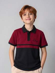 SHEIN Cậu bé Tween Giải trí Thêu Vá lại Tương phản Màu sắc Quay xuống Vòng cổ Một nửa thân trước Áo chui đầu Đan Áo polo - Nhiều màu - Xem 3