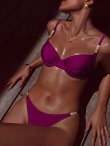 SHEIN Swim 女士纯色简约日常泳装套装 - 酒紅色 - 查看 1