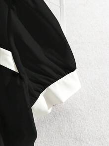 Franclia Women's Contrast Color Trim Waist Belt Elegant Short Sleeve Blouse, Spring/Summer - Black - View 6