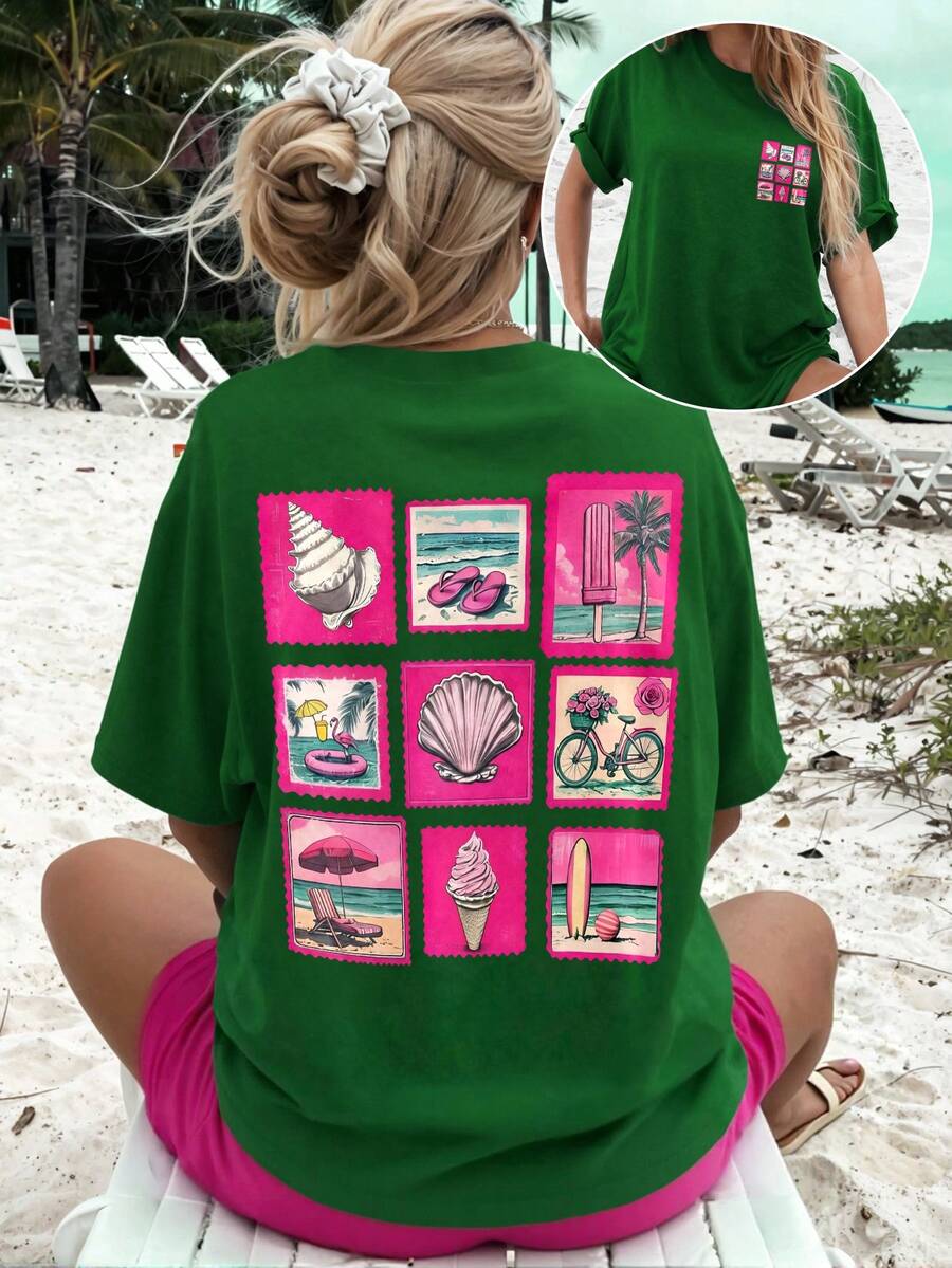 DrmWander T-shirt à manches courtes imprimé, décontracté, grande taille pour femmes - Vert sapin - Voir 1