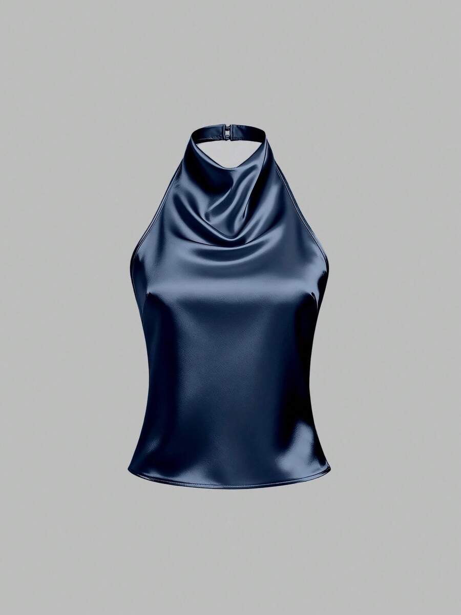 Sweetra Women's Elegant Solid Color Backless Tie Strap Camisole Top, Summer - Navy Blue - View 1