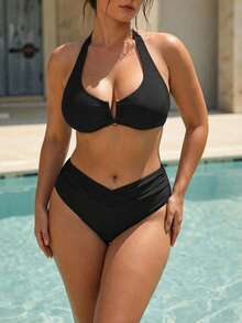 Swim Chiccia 2026 Ny Vår/Sommar Sexig Djup V-ringad Enfärgad Bikiniset, Strandkläder - Svart - Visa 5