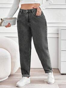 EURMUSE بنطال جينز واسع بجيوب مائلة من قطن 100٪ مقاسات كبيرة - الأسود - مشاهدة 5