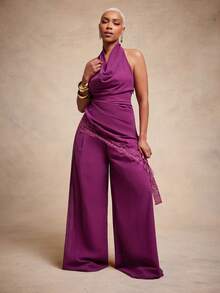 Vixey Quần ống rộng xếp ly cạp cao bằng vải chiffon, có lớp lót toàn bộ. - Màu đỏ tím - Xem 3