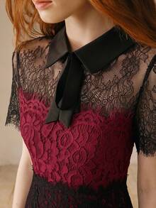 MOTF PREMIUM WOMEN'S BLACK & RED CONTRAST LACE WAIST CINCHED CROP SHORT SLEEVE MINI DRESS - Burgundy - View 1