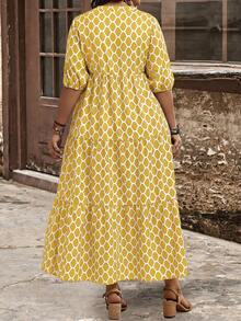 EMERY ROSE Plus Size Women V-Neck Allover Print Ruched Casual Party Summer Dress - Yellow - View 2
