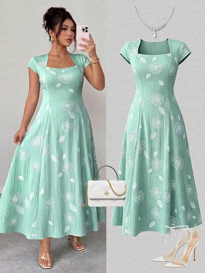 Elenzga Đầm cỡ lớn chất liệu jacquard nhăn, kẻ sọc dọc, tay áo rớt vai, cổ vuông, eo thắt, dáng chữ A xòe rộng, thích hợp cho mùa xuân/hè, thanh lịch, đi làm, đi nghỉ mát, mua sắm, dự tiệc, hẹn hò, mặc hàng ngày.