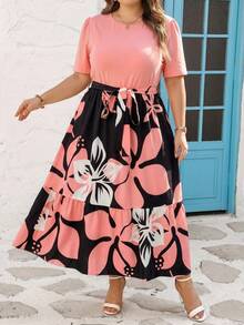 SHEIN CURVE+ Curve Size US22 音樂節海邊度假波希米亞風夏季休閒拼接短袖長洋裝 淡粉色 - 彩色 - 查看 3