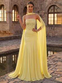 Aureia Elegant Luxurious Sequin Diamond Strapless Mermaid Patchwork Elastic Knit Maxi Dress For Weddings,Events,Parties,Vacations,Galas,Formal Occasions - Light Yellow - View 4
