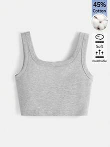 SHEIN BASICS 女款素色時尚百搭圓領短版休閒背心上衣夏季服飾 - 灰色 - 查看 2