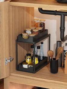 1 Piece, Water Basin Storage Rack, Storage Shelf, Double-Layer Water Basin Storage Rack, Adjustable Height, Sliding Metal Cabinet Storage Rack, Pull-Out Cabinet Storage Drawer Rack, Suitable For Kitchens And Bathrooms, Black. - Multicolor - View 4