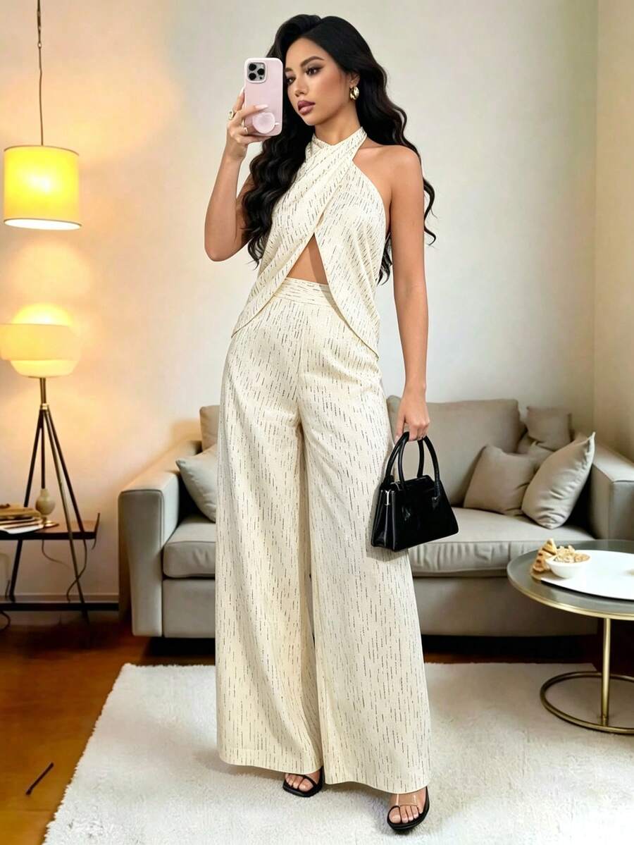 Rafferiza Women's Solid Color Halter Wrap Backless Asymmetric Hem Sleeveless Blouse Golf White Summer Sexy - Apricot - View 1