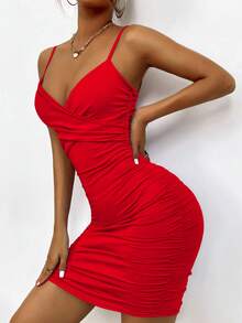 SHEIN VaVaLuxe 抽褶包臀吊帶連衣裙 - 紅色 - 查看 6