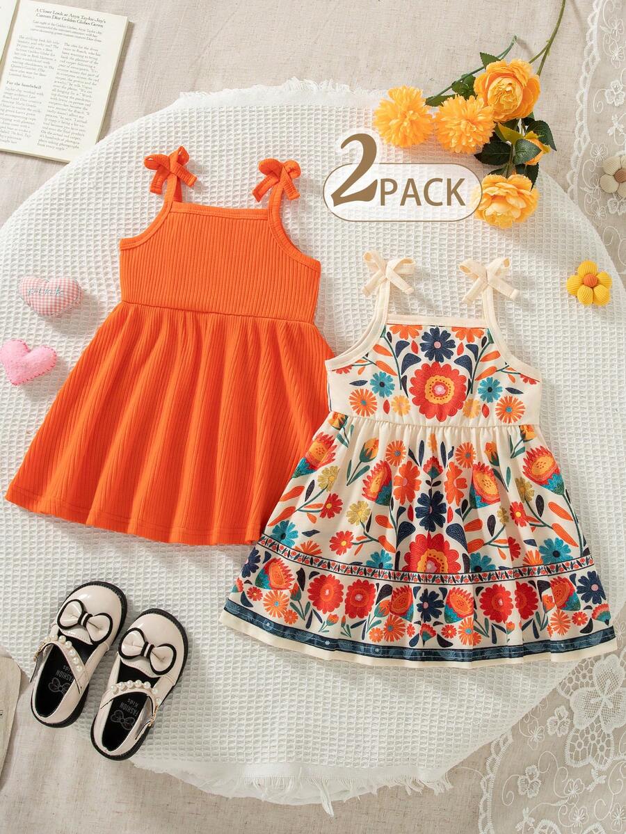SHEIN Bộ 2 chiếc váy hai dây họa tiết hoa nhí dễ thương, ngọt ngào, phong cách retro cho bé gái, kiểu dáng thường ngày, phù hợp cho mùa xuân/hè, các dịp lễ, sinh nhật, hoạt động ngoài trời, mặc hàng ngày, đi nghỉ mát, dành cho bé từ 3 tháng đến 3 tuổi. - Nhiều màu - Xem 1