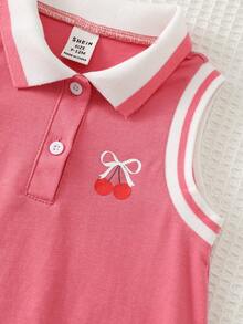Cozy Pixies Vestito casual carino per bambine con fiocco a ciliegie, bottoni anteriori, linea A, senza maniche, con balze, Vestito polo/T-shirt per bambine, Set carino per bambine, Set a righe colorate a ciliegie per bambine, Set multicolore per bimbe, Vestito colorato per bimbe - Rosa - Visualizzare 5