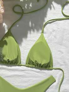 Oceva Women's Simple Solid Color Backless Tie-Front Halter Bikini Set, Suitable For Beach & Holiday - Green - View 3